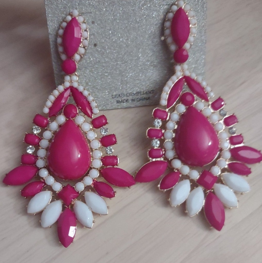 Natasha Pink Cabochon Gem Gold Statement Earrings Y2k Barbiecore Bling 45$